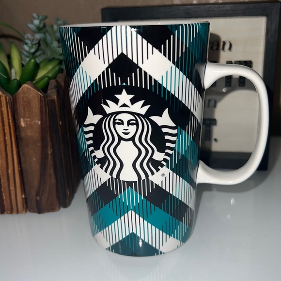 Starbucks 2015 Tartan Plaid 16 oz Coffee Tall Mug Teal/Black/White w / Handle